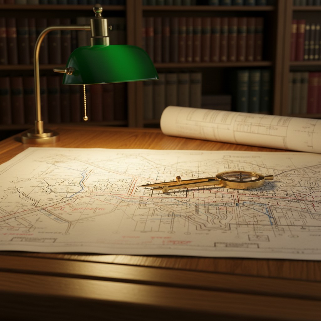 A desk with a map, lamp, and compass in a study setting with bookshelves.